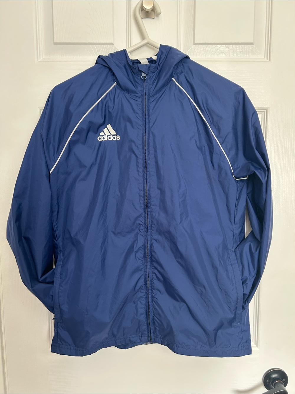 Adidas Youth Windbreaker Jacket Blue Hooded Zip Lightweight Size L (13-14Y)